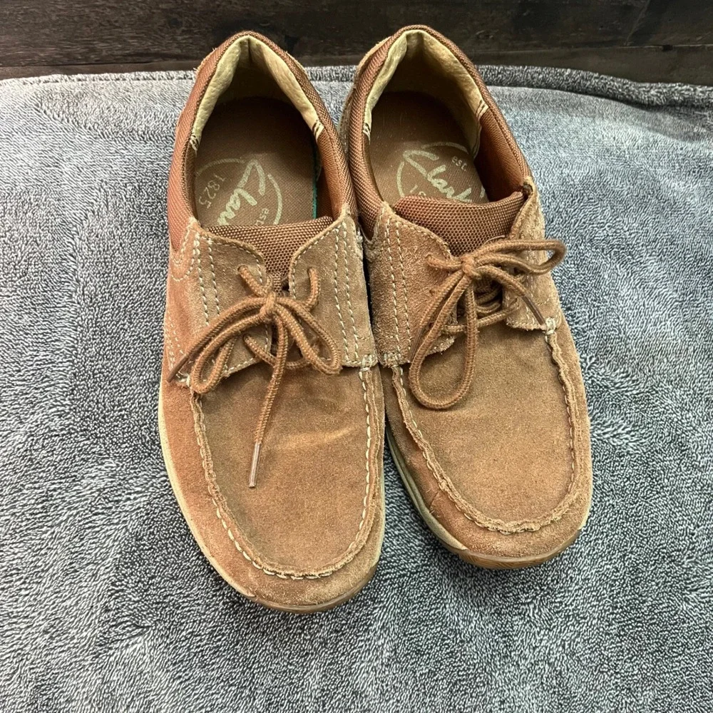 Clarks  Mens Tan Suede Canvas Boat Shoes Moc Toe Loafers Size 8.5 M Preppy